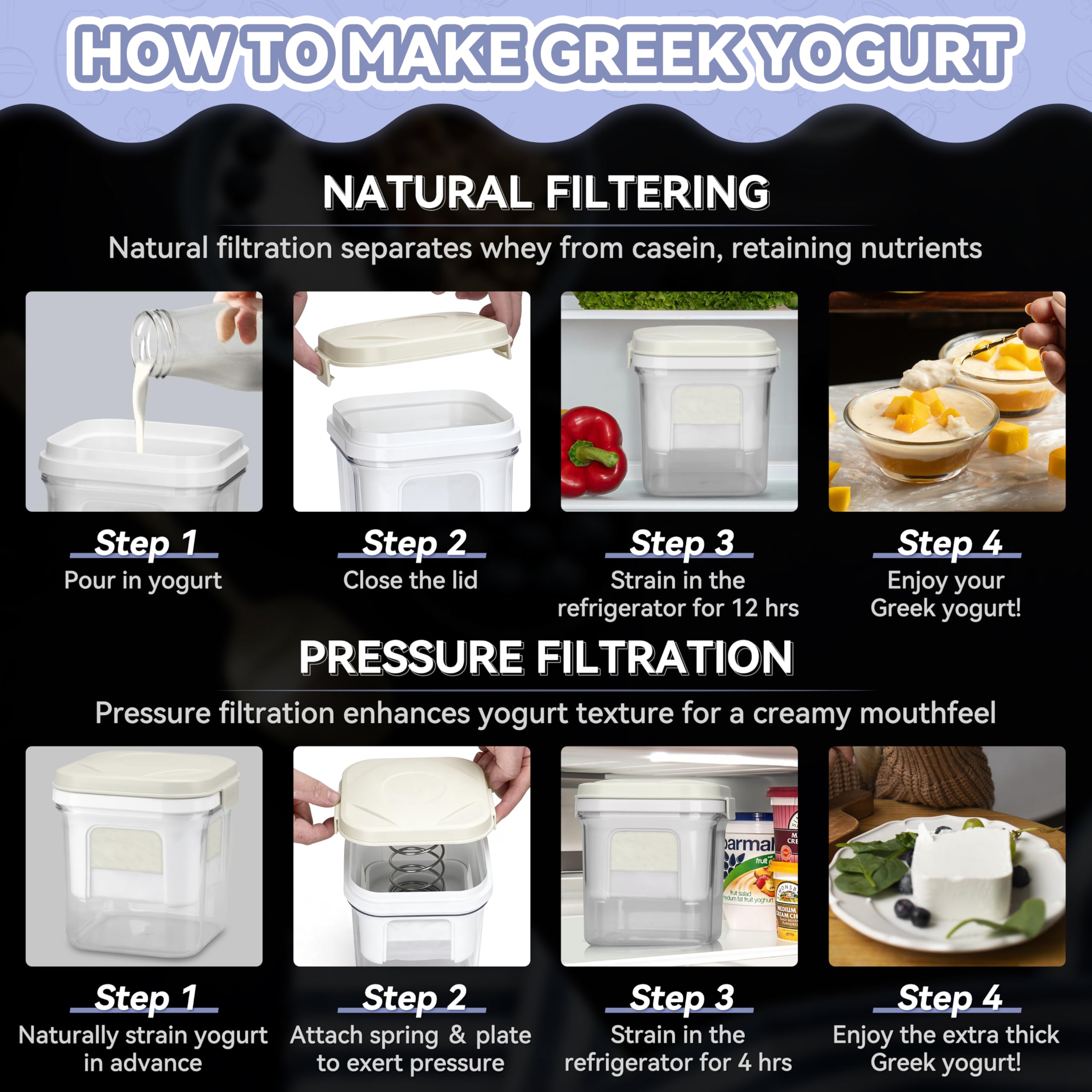 Party Desserts ultra-fine mesh filter chamber promotes thorough whey separation