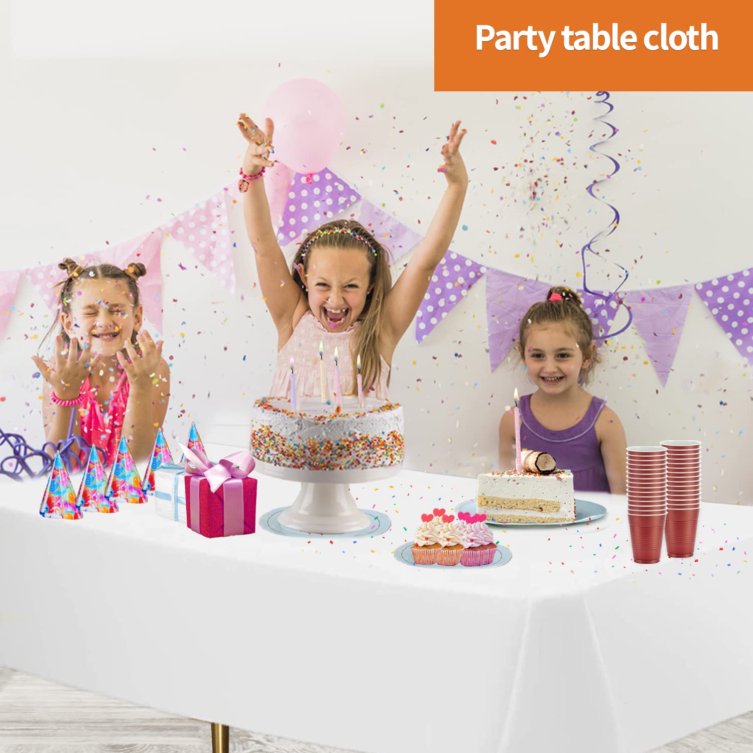 Party Dimensions tablecloth used on an outdoor table, illustrating indoor/outdoor versatility.