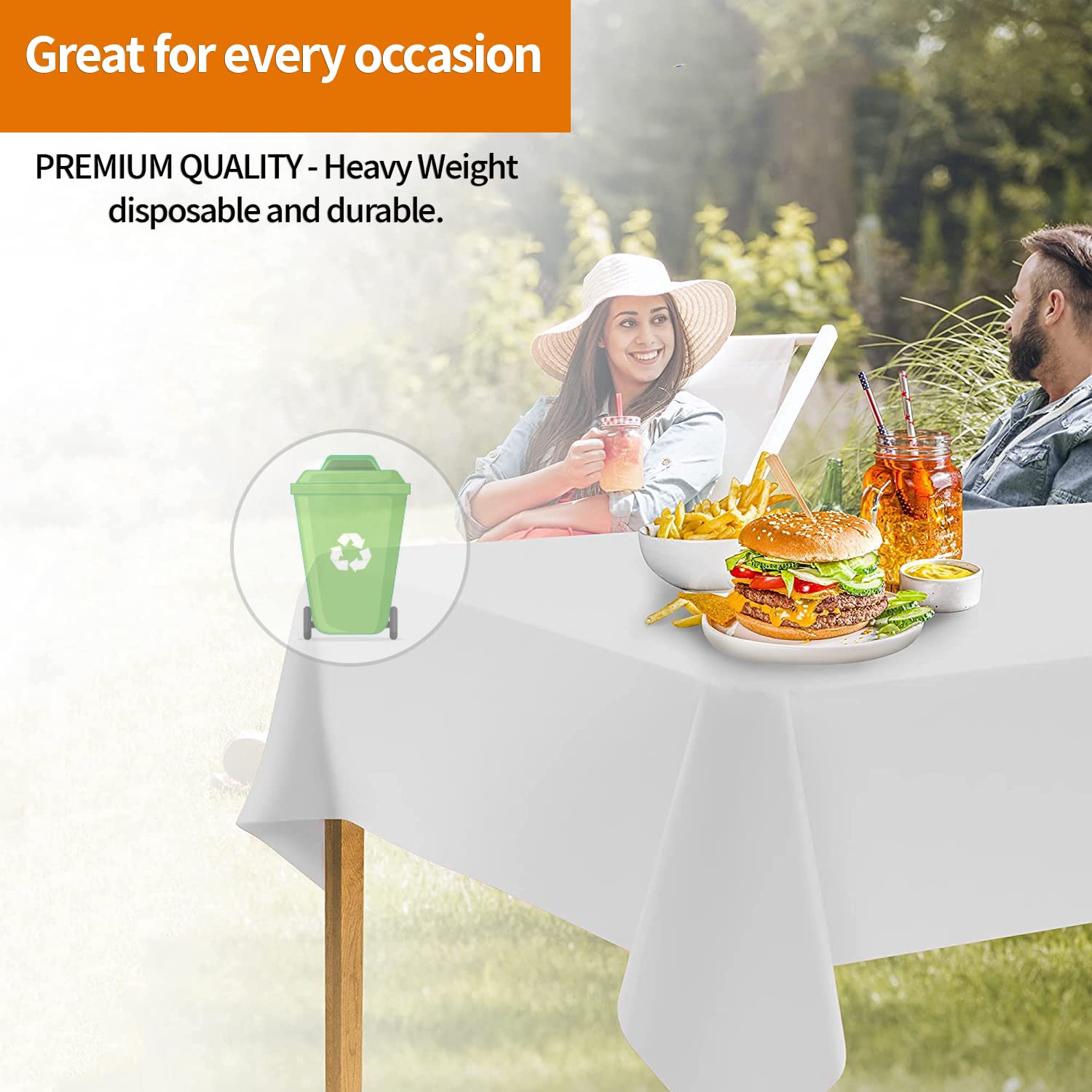Party Dimensions recyclable or reusable tablecloth supports sustainable cleanup.