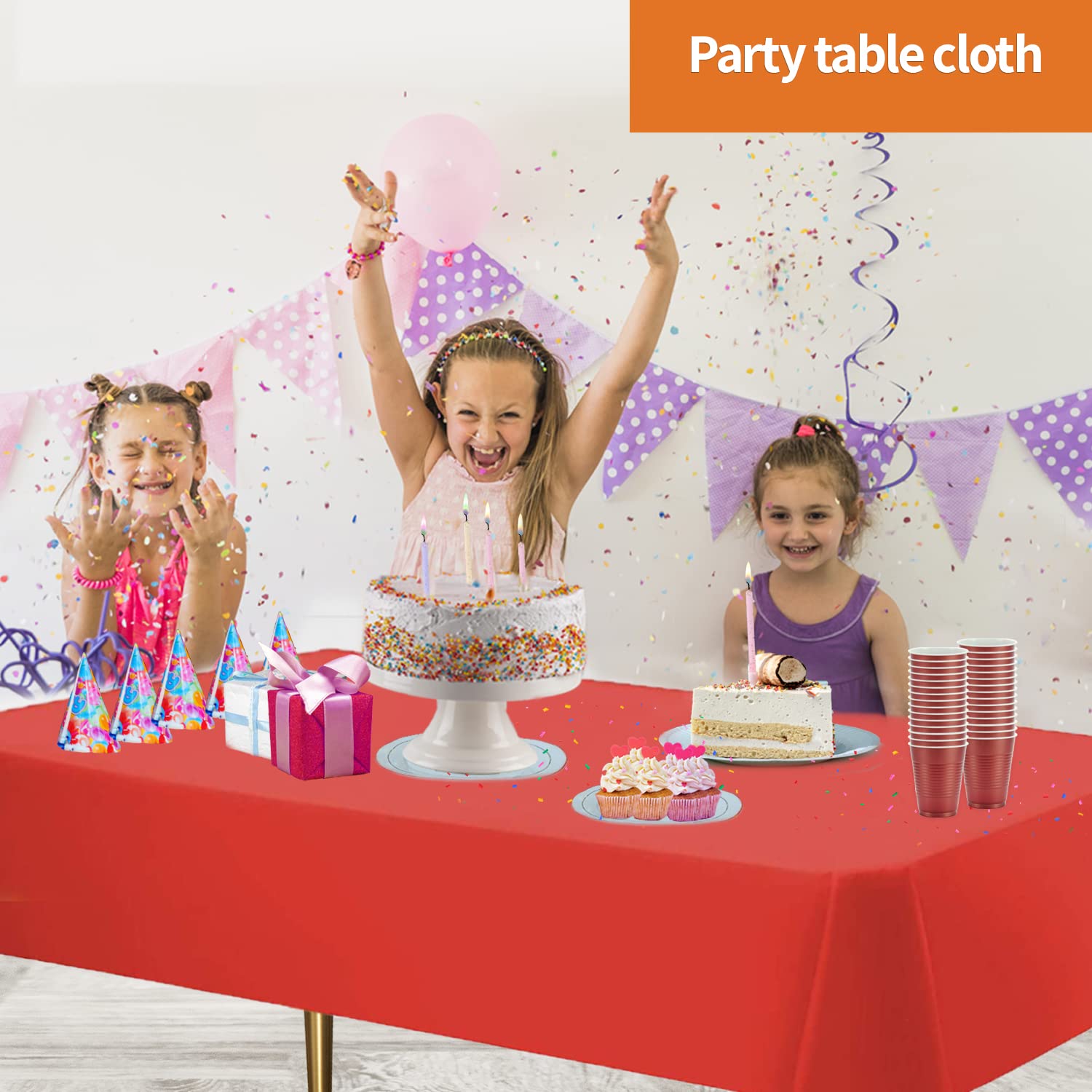 After-event cleanup with Party Dimensions red tablecloth ready for quick wrap-up.
