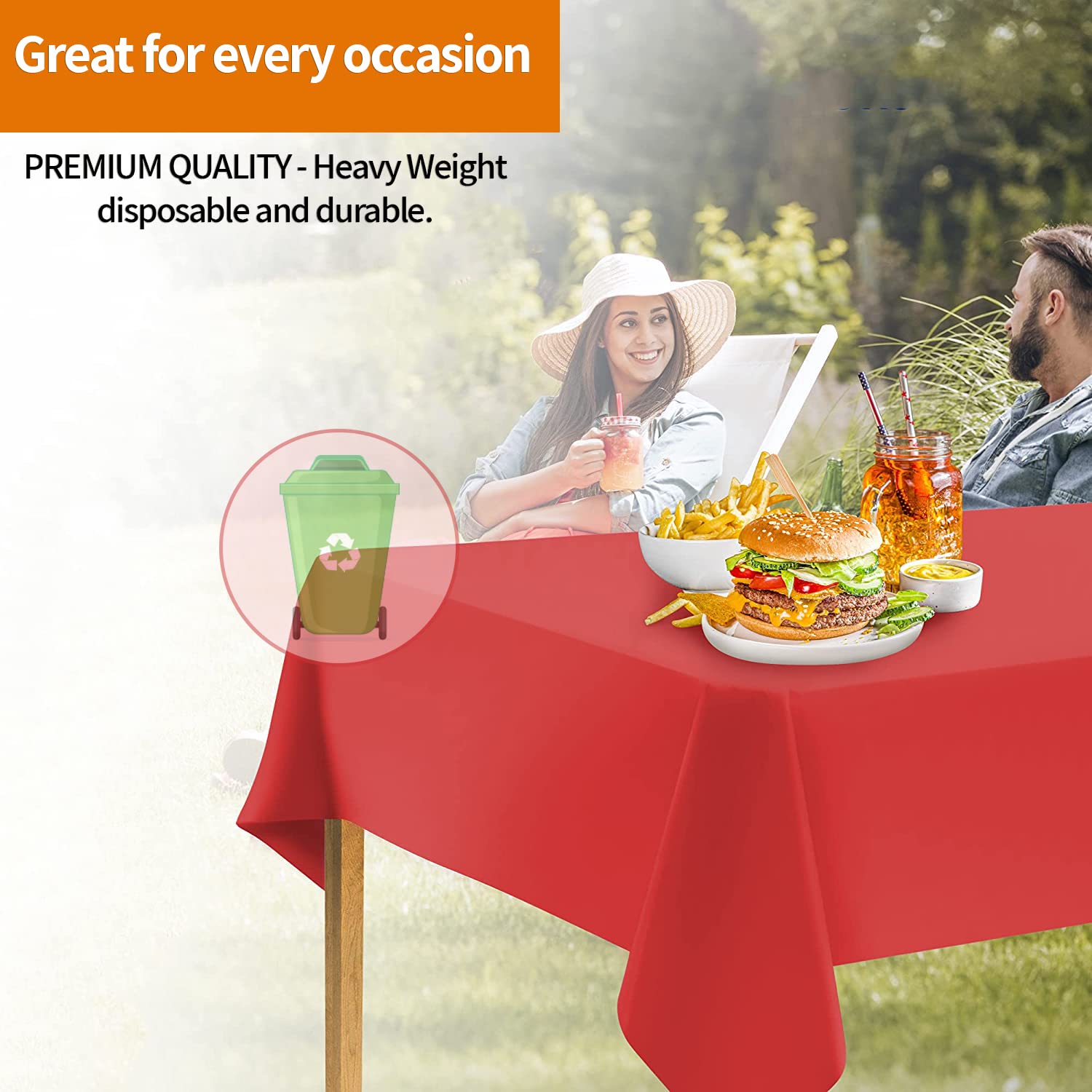 Storage-ready Party Dimensions red rectangle tablecloth for reuse planning.