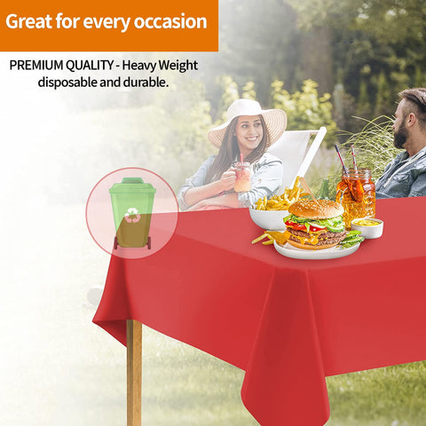 Storage-ready Party Dimensions red rectangle tablecloth for reuse planning.