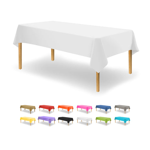 Party Dimensions white disposable tablecloth on a rectangle table for easy setup.