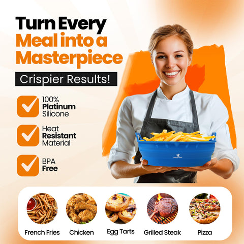 PARTY PORT blue liner in oven view promotes easy cleanup.