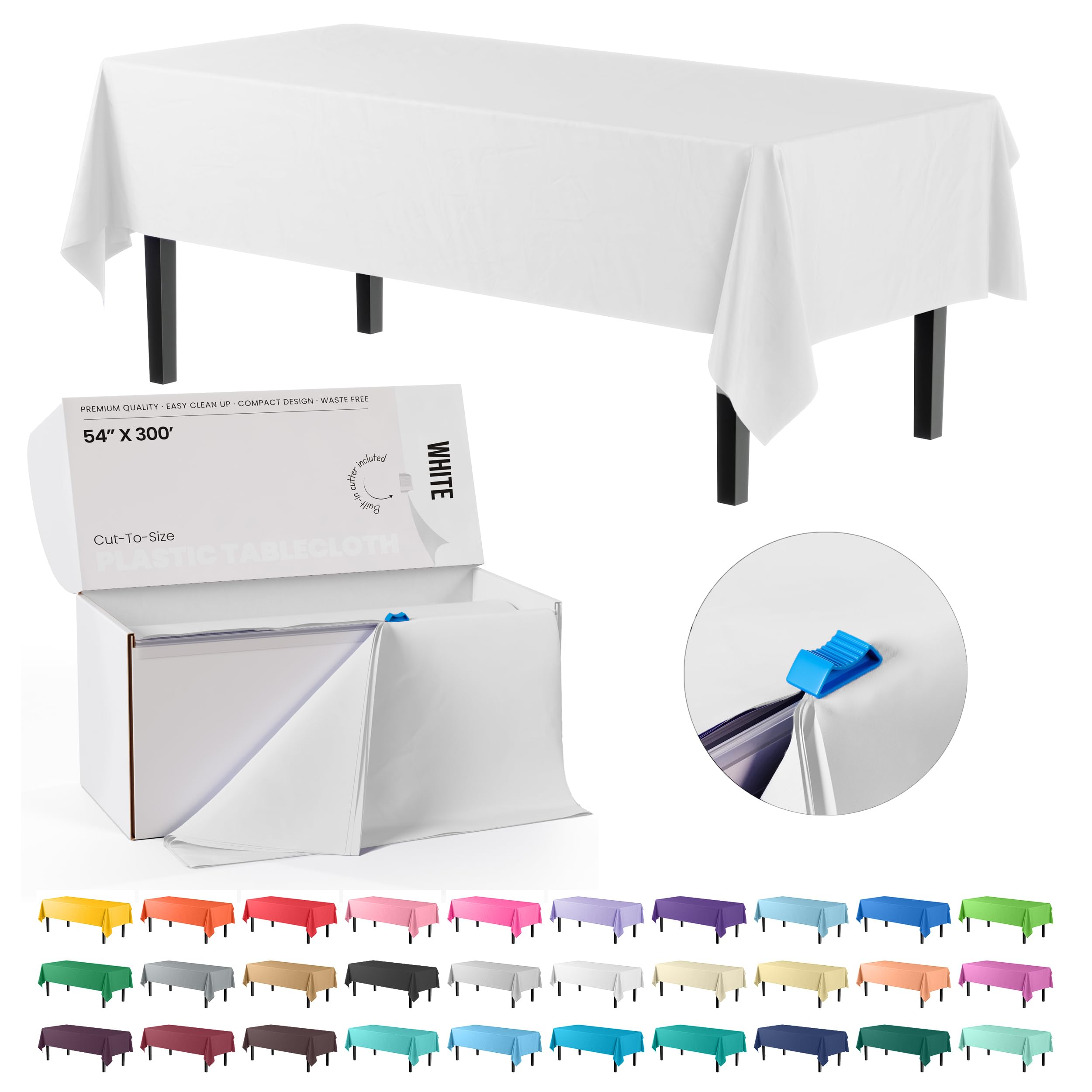 Party Solids box with slide cutter for quick size cuts on white table cover