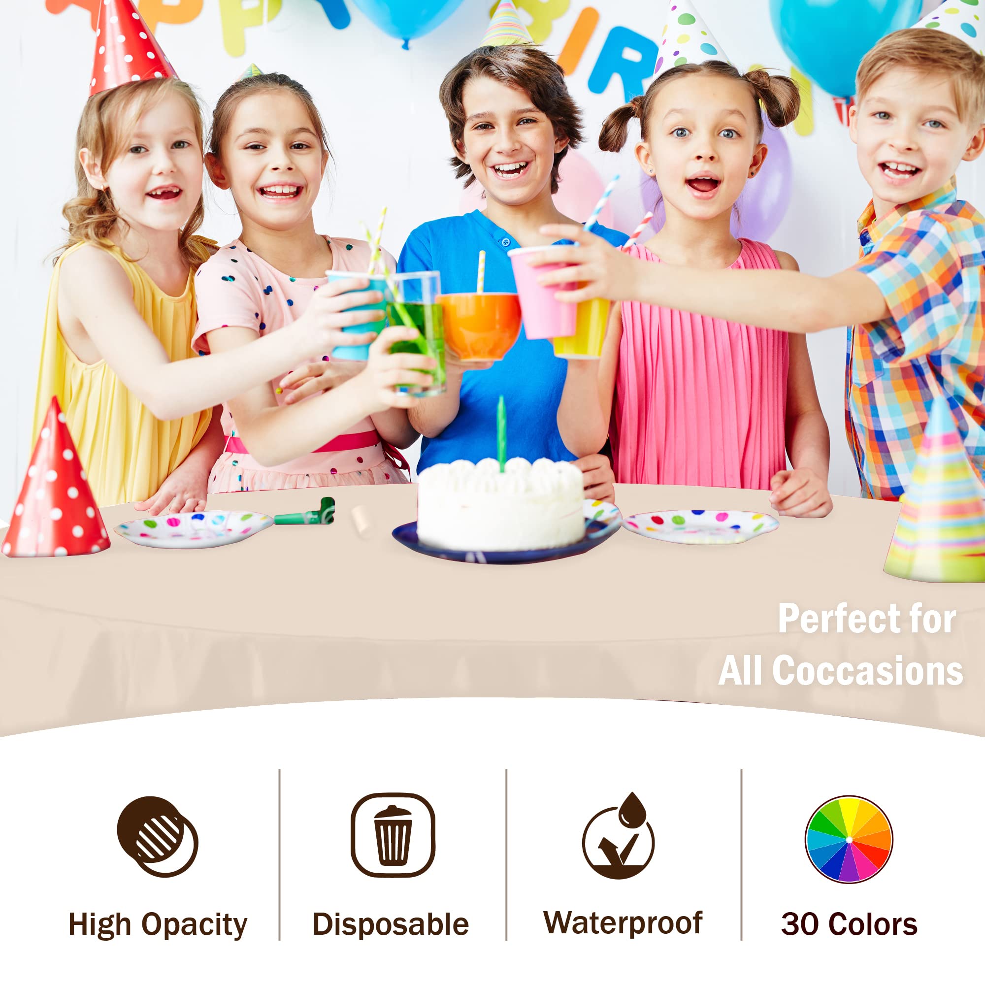 Party Solids color options tablecovers in 30 colors for coordinated themes.