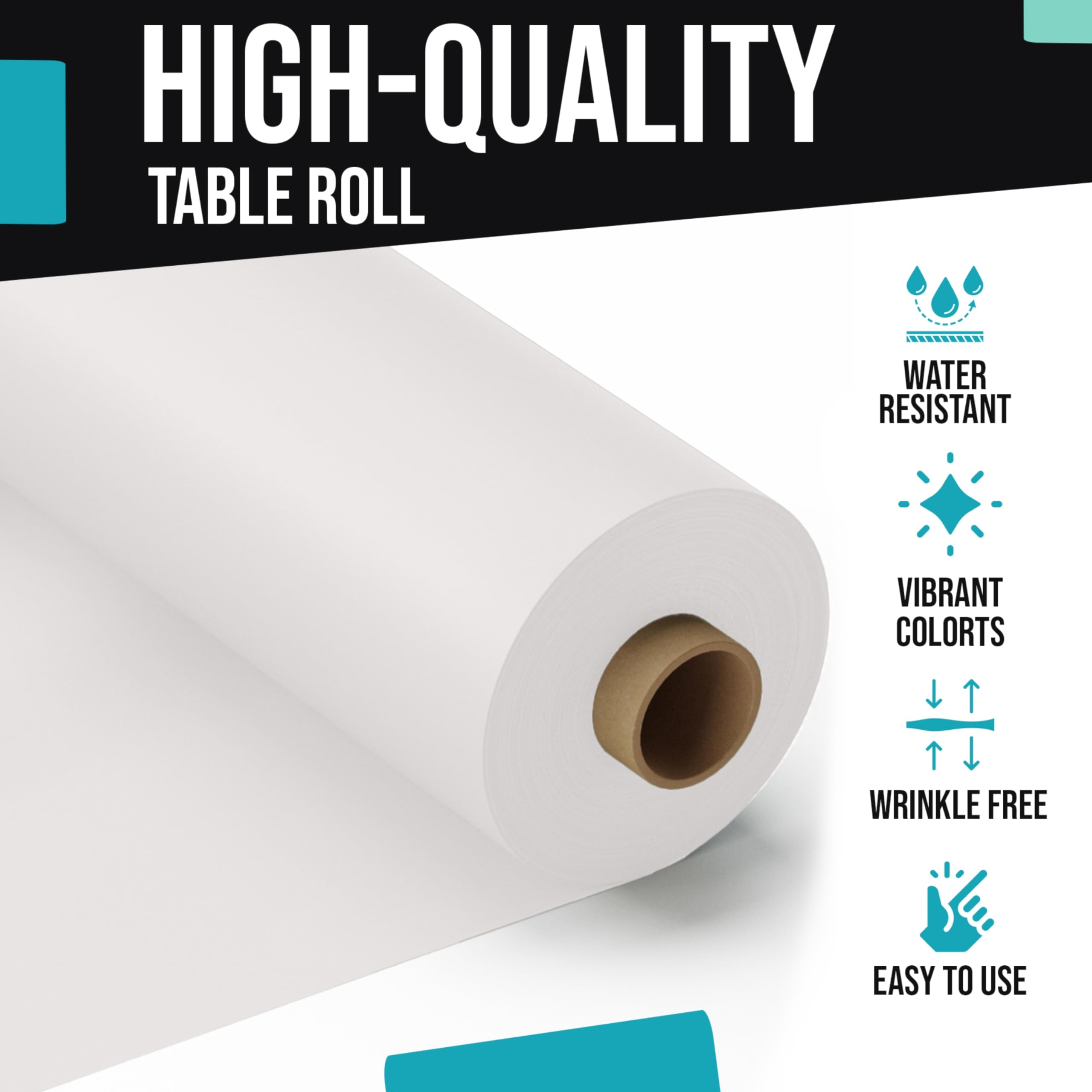 Party Solids disposable table cover roll closeup, thick 0.5mil material protects tables from spills.