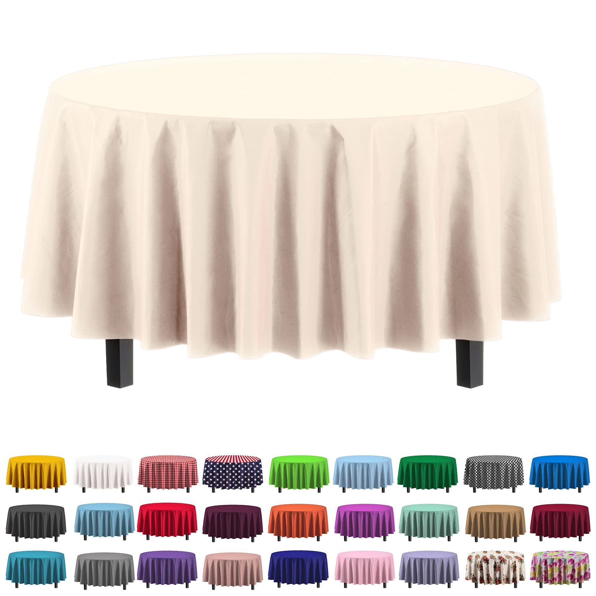 Party Solids ivory round tablecloth 84in covers large tables with a clean look.