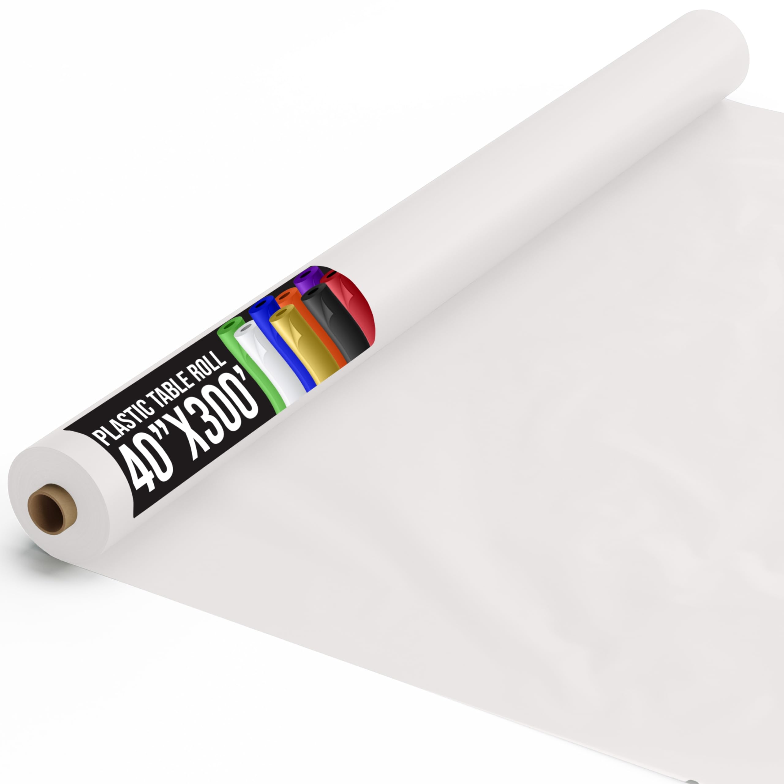 Party Solids white tablecloth roll front view, ideal for quick cleanup at events.