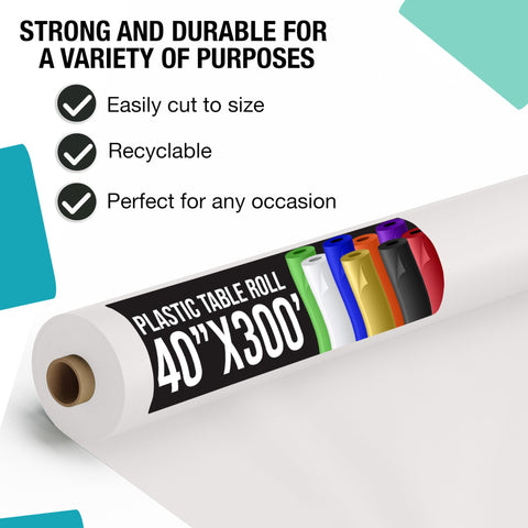 Party Solids white tablecloth roll unrolled on table, perfect for banquet setups.