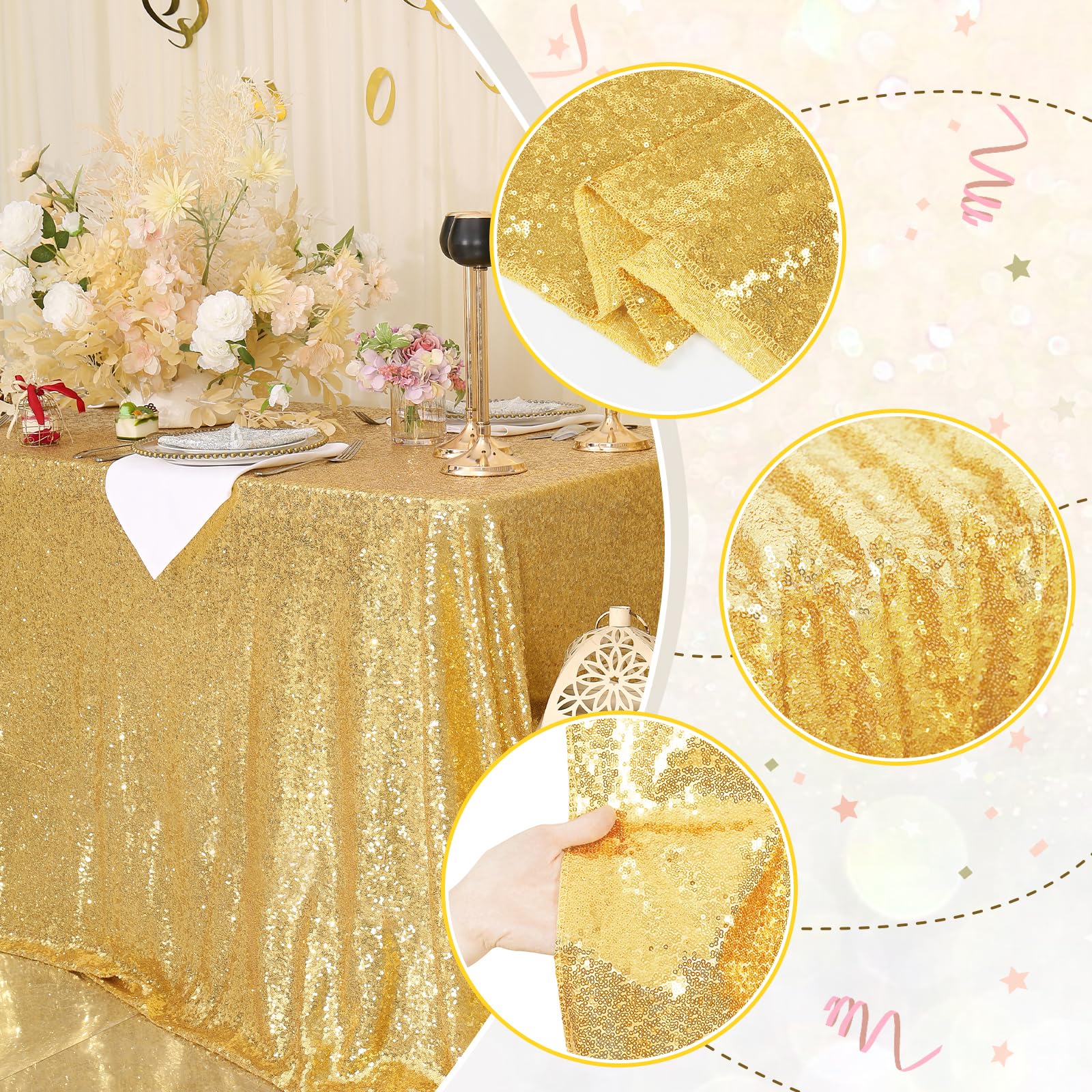 PartyDelight gold sequin tablecloth closeup-glitter highlights shimmer
