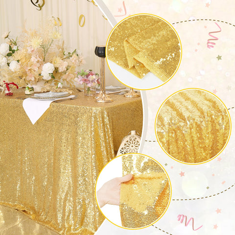 PartyDelight gold sequin tablecloth closeup-glitter highlights shimmer