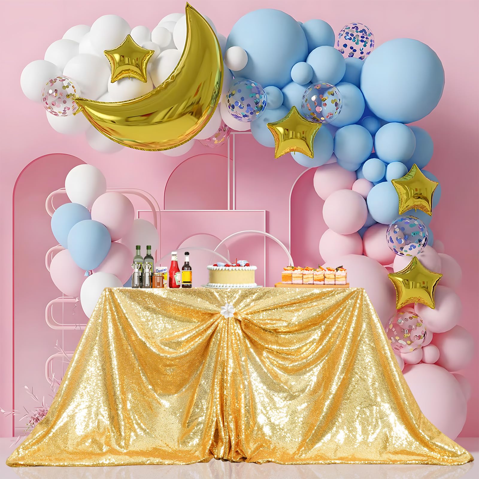 PartyDelight gold sequin tablecloth draped-table creates lavish tablescape