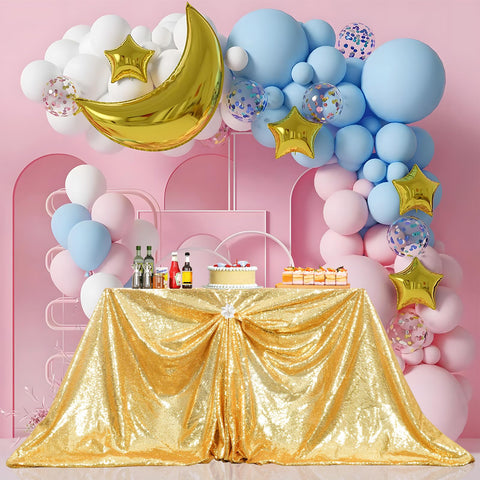 PartyDelight gold sequin tablecloth draped-table creates lavish tablescape