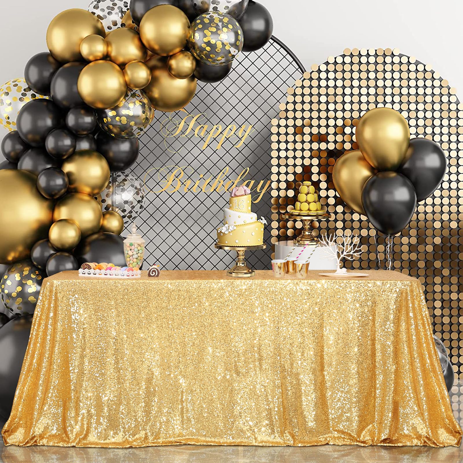 PartyDelight gold sequin tablecloth filtered-light emphasizes glow