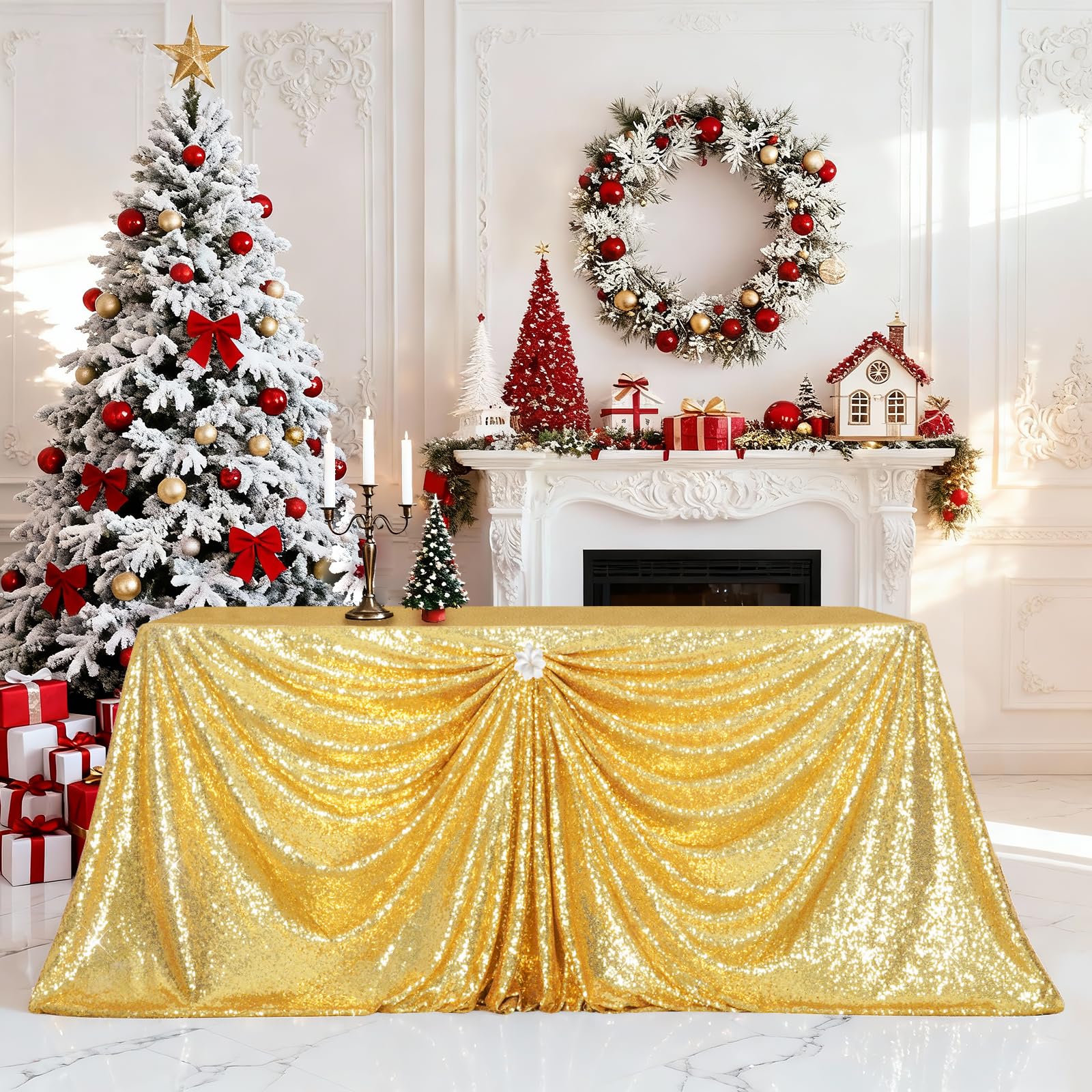 PartyDelight gold sequin tablecloth on a wedding table for sparkling ambiance