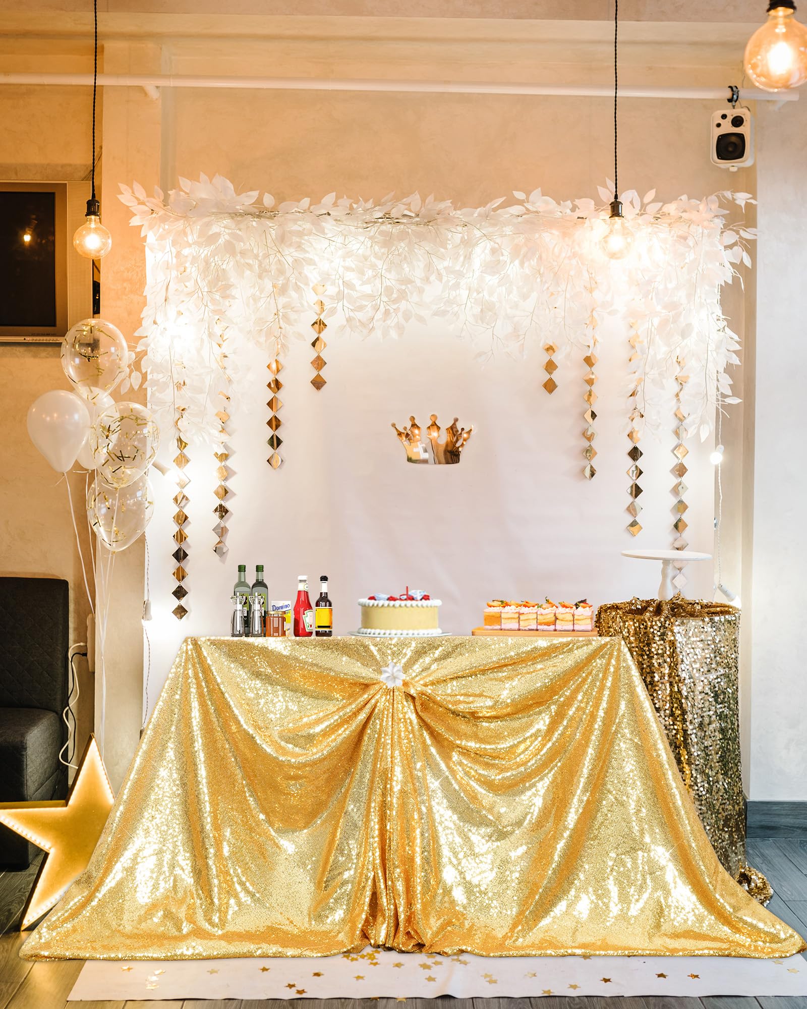 PartyDelight gold sequin tablecloth wedding-dining elevates reception tables