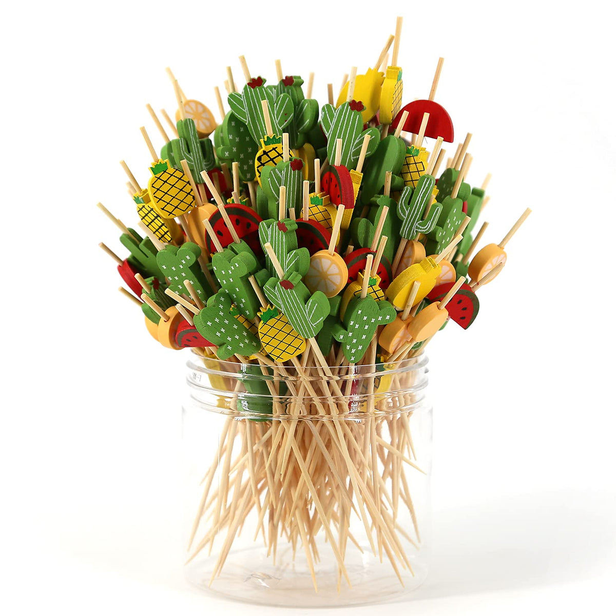 PartyHippo Bamboo Cocktail Picks with tropical design enhance presentation for appetizers.