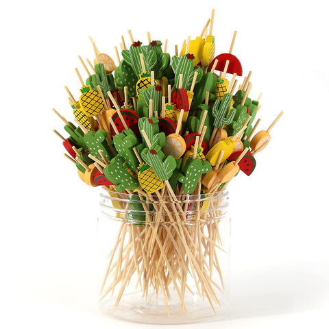 PartyHippo Bamboo Cocktail Picks with tropical design enhance presentation for appetizers.