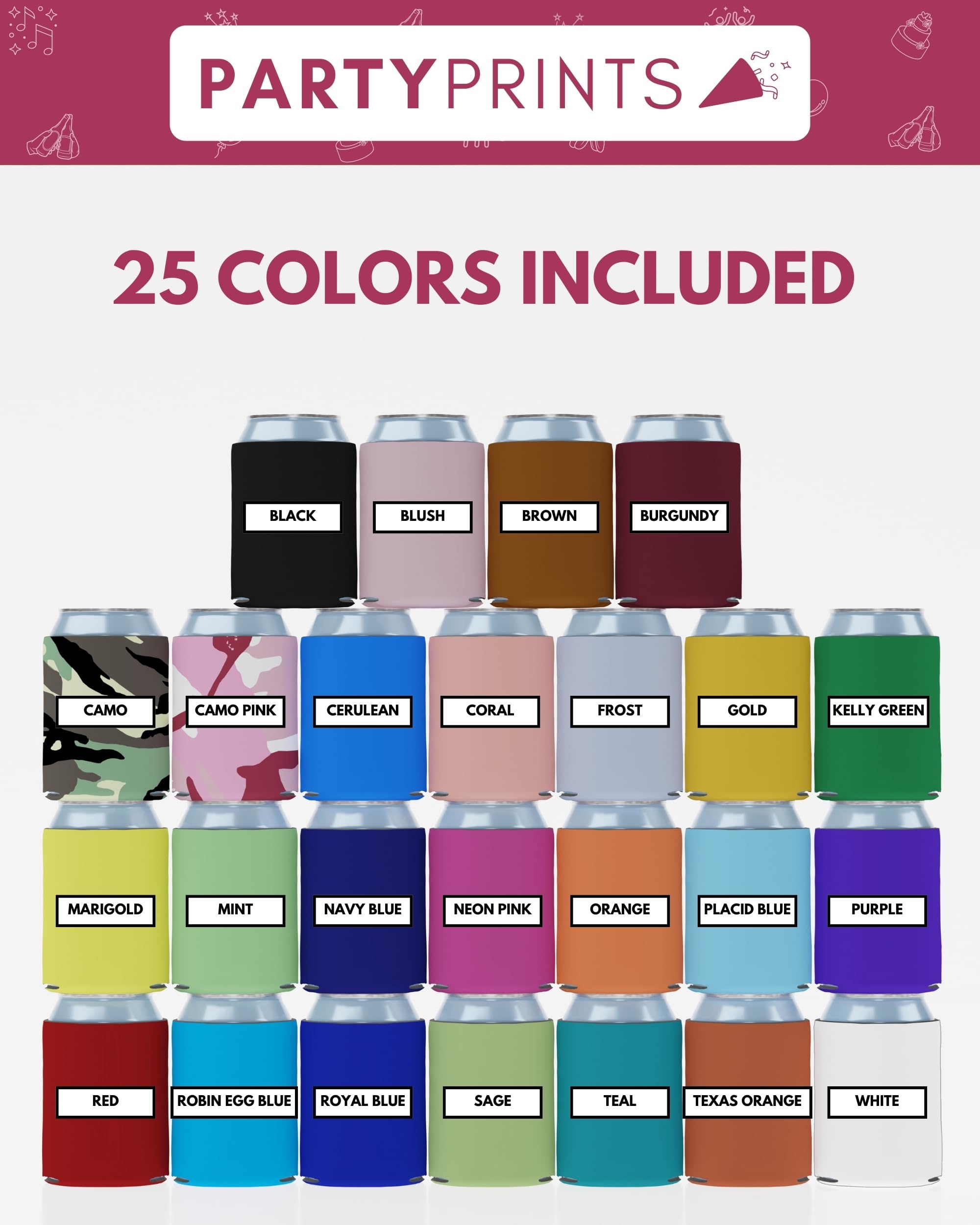 PartyPrints 25-pack multicolor can sleeves fit standard 12oz and 16oz cans.