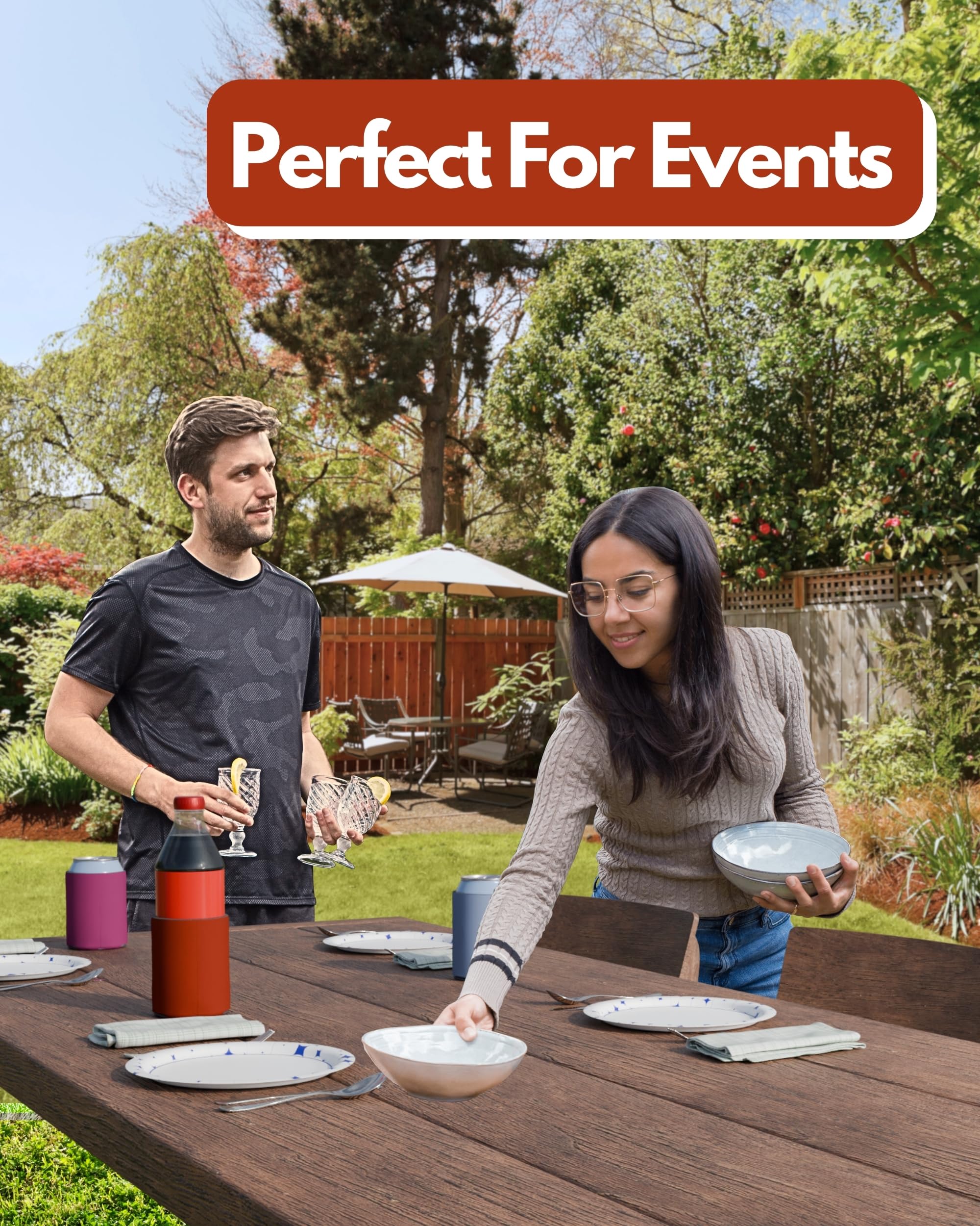 PartyPrints collapsible foam insulated sleeve keeps cans cold and stacks flat for storage.