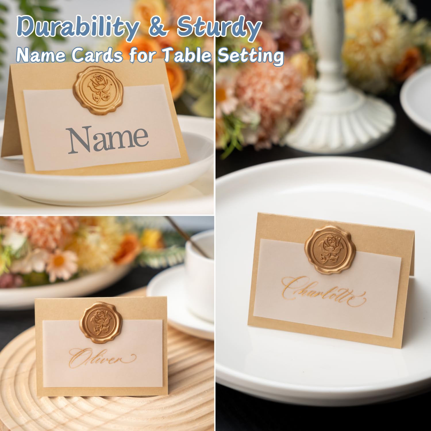 Parvigo pearlized gold name cards ready for guests