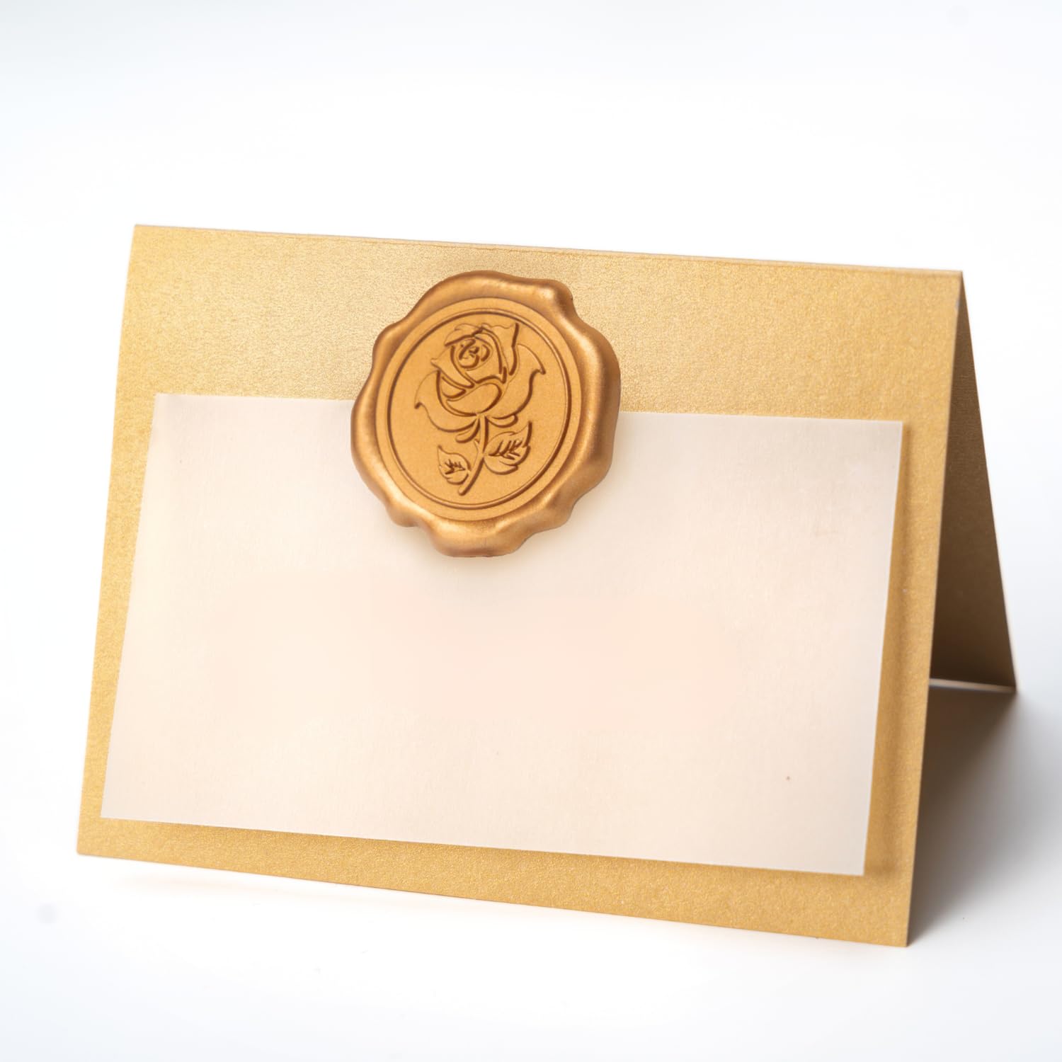 Parvigo pearlized gold name cards with table tent display for elegant events