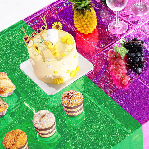 Pascliyna disposable pink-green tablecloth makes party cleanup quick.