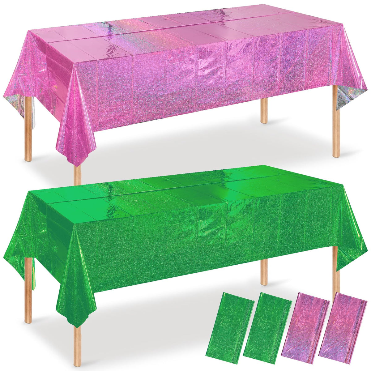 Pascliyna pink and green iridescent tablecloth covers a rectangle table for party setup.