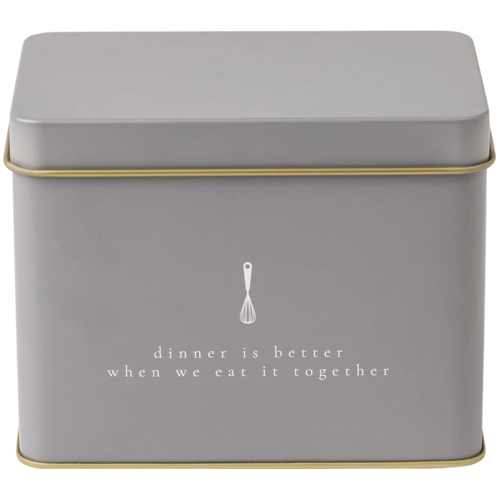 Passionate Penny Pincher recipe tin in grey with gold interior showcases durable, stylish storage.