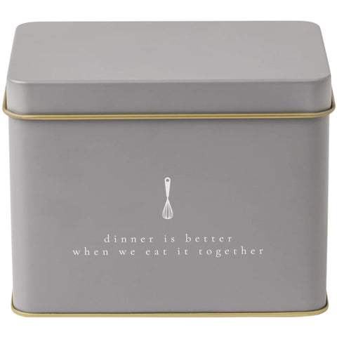 Passionate Penny Pincher recipe tin in grey with gold interior showcases durable, stylish storage.
