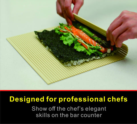 Pat & Doris sushi mat on bar counter enhances chef presentation.