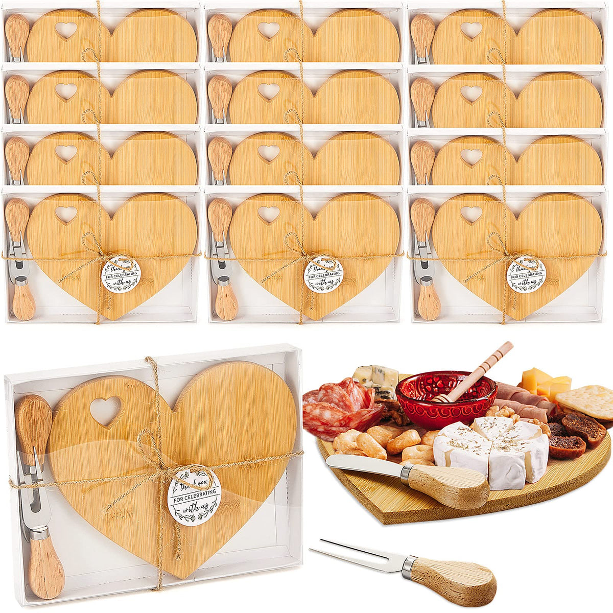 Patelai heart-shaped cheese board mini set shown in gift box for wedding favors