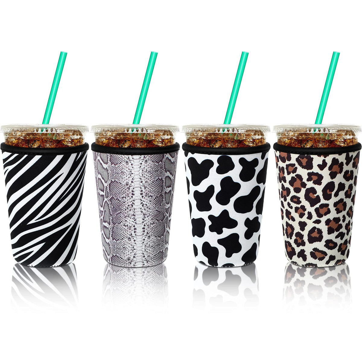 Patelai 4-pack iced coffee sleeves with animal-print pattern 1, keeps hands dry and drinks stable