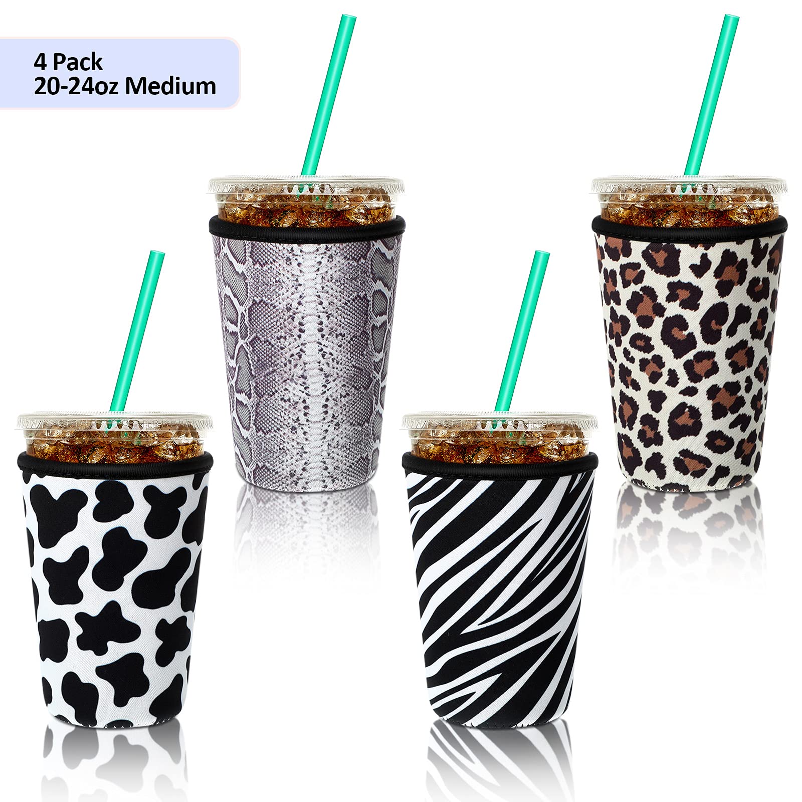 Patelai 4-pack iced coffee sleeves with animal-print pattern 2, fits 22-24 oz cups