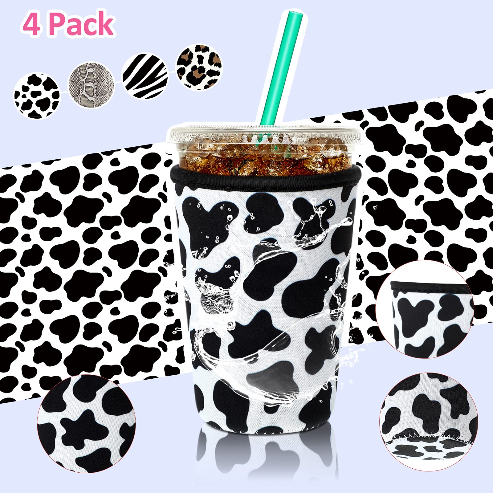 Patelai 4-pack iced coffee sleeves with animal-print pattern 4, flexible neoprene grip