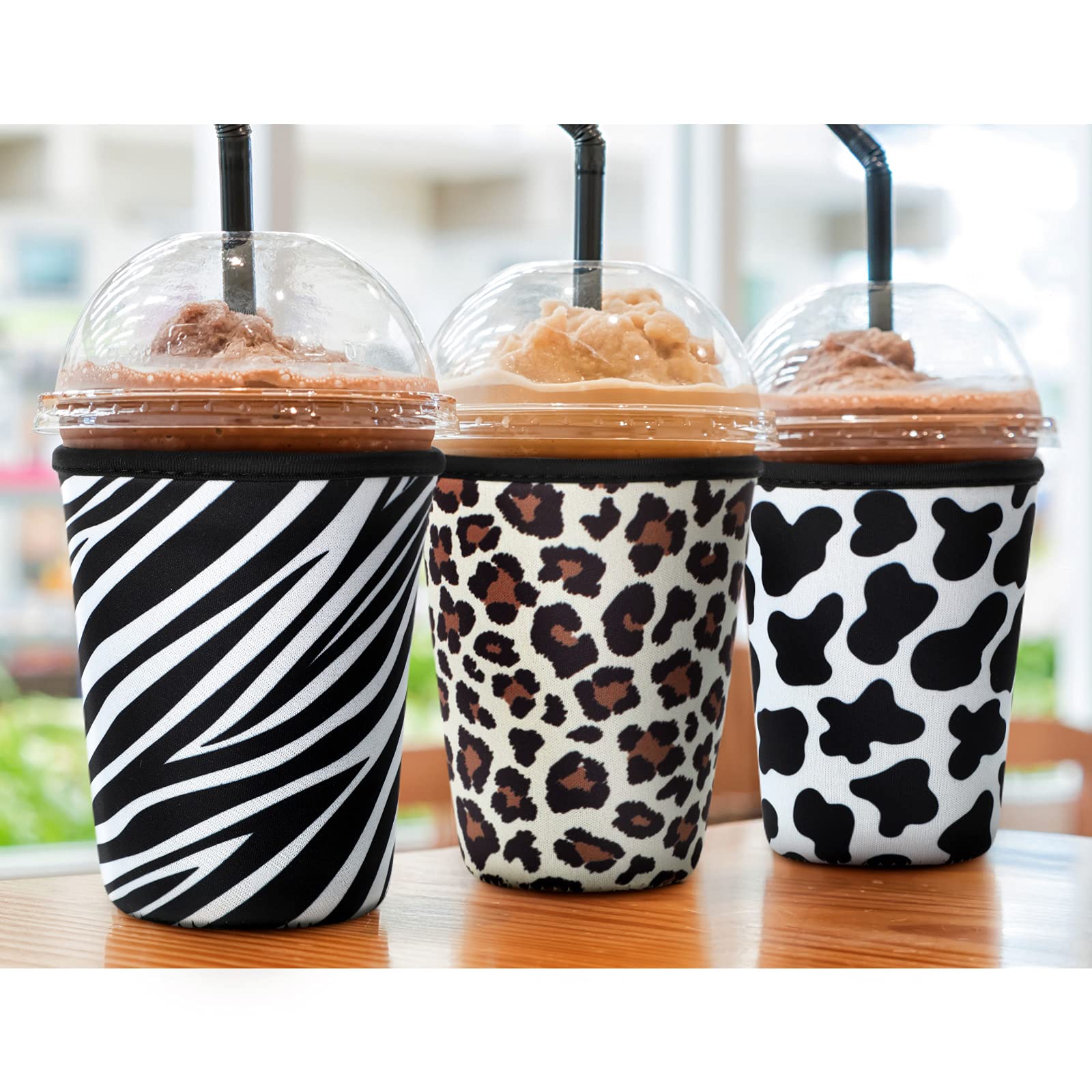 Patelai 4-pack iced coffee sleeves with animal-print pattern 6, protects surfaces from condensation