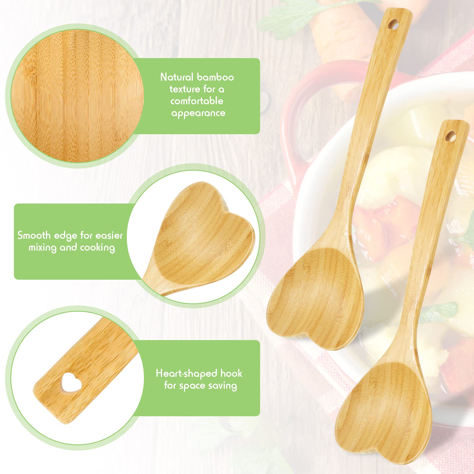 Patelai bamboo spoon in kitchen use emphasizes temperature resistance and versatility.