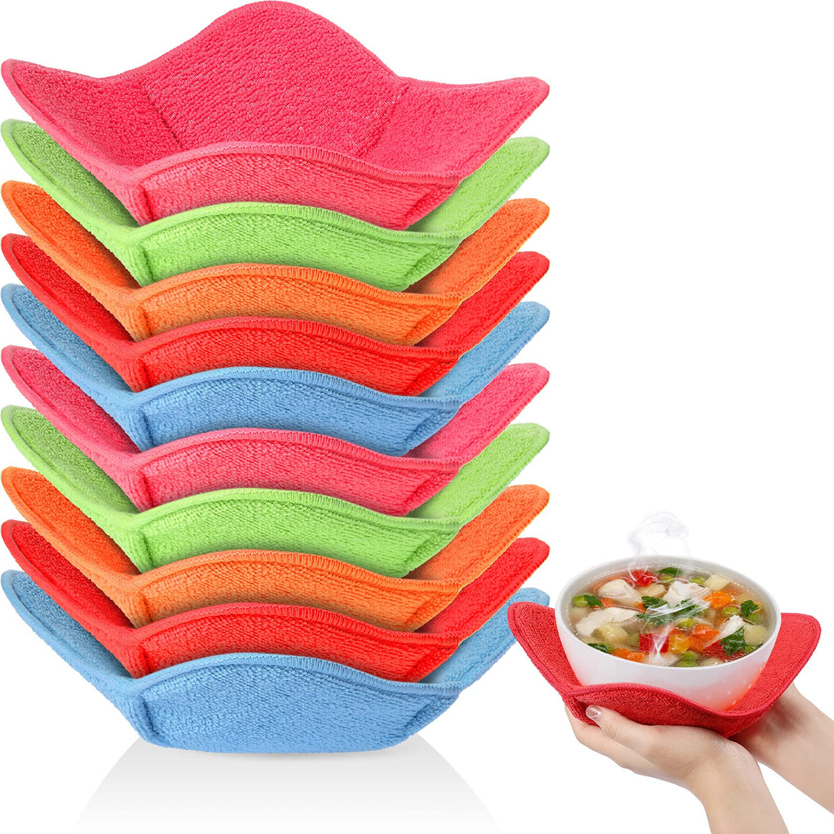 Patelai multicolor bowl holder set protects hands when lifting hot bowls.