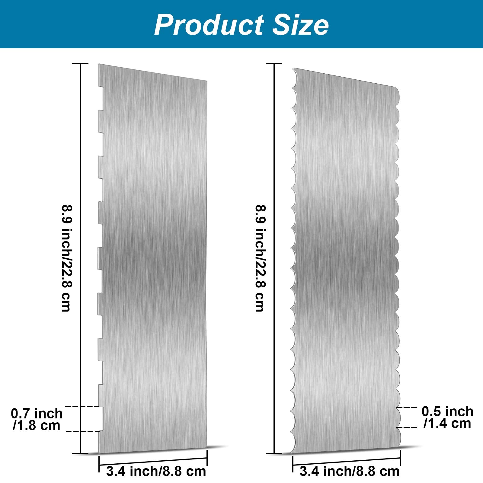 Patelai double-sided cake scraper showing patterned edge for decorative stripes.