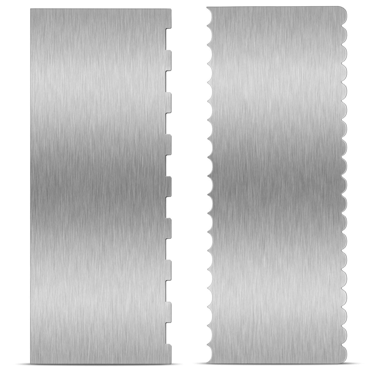 Patelai stainless steel cake scraper with large edge for smooth cake sides.