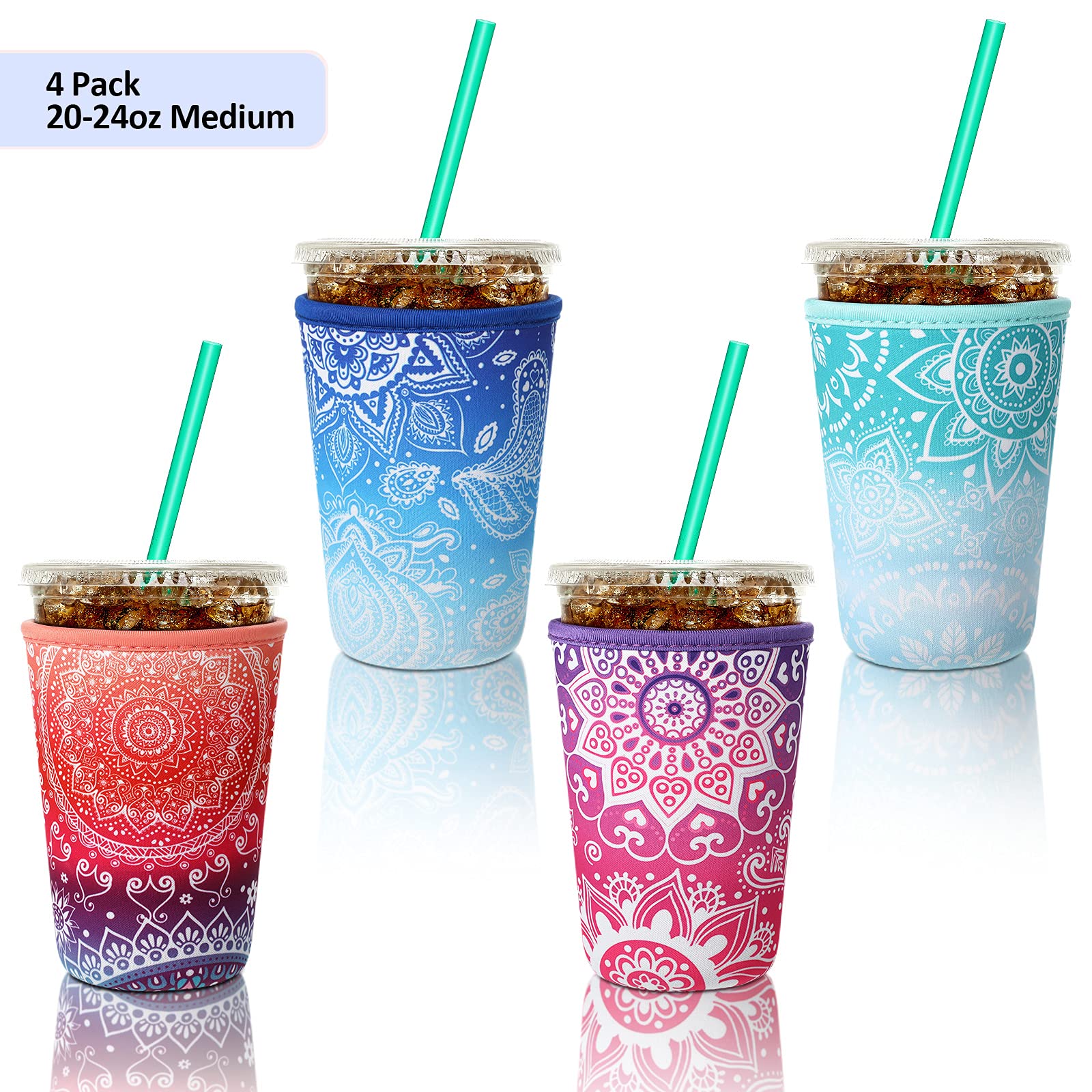 Patelai sleeve stretched around a 22-24 oz cup showing universal fit and pattern variety.