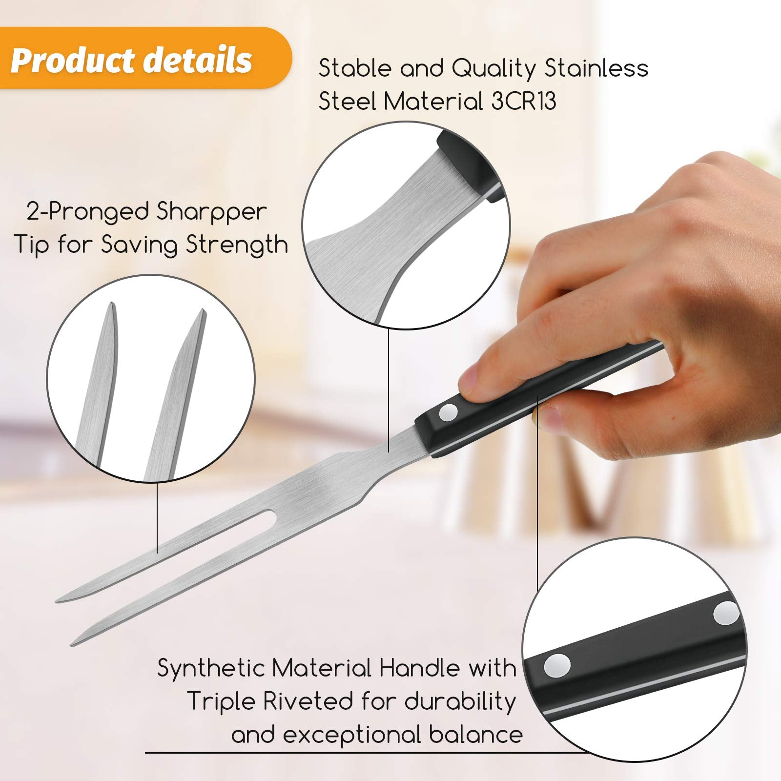 Patelai meat fork teeth closeup shows sharp points for secure grip.