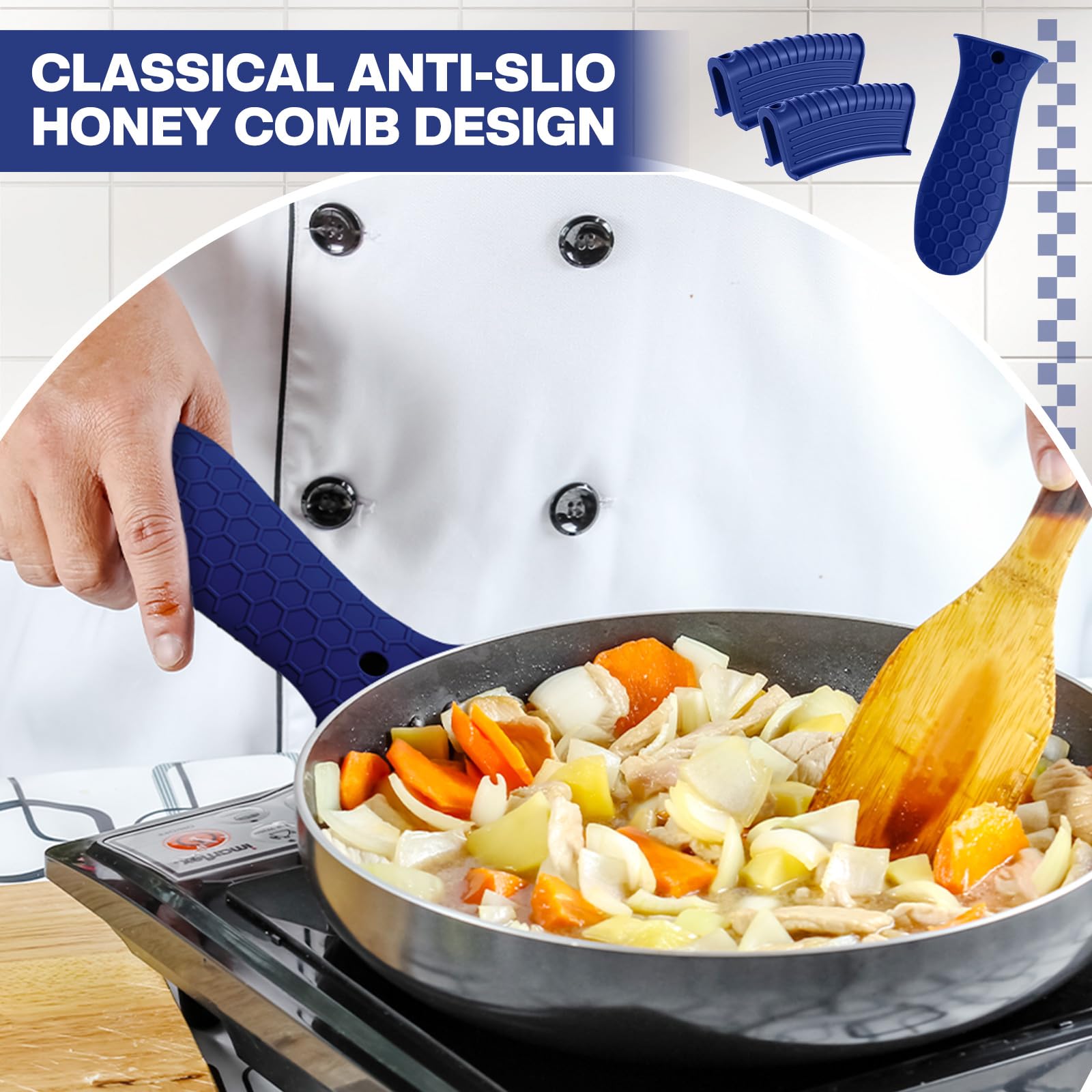 Patelai navy silicone hot handle holder set in use on cookware