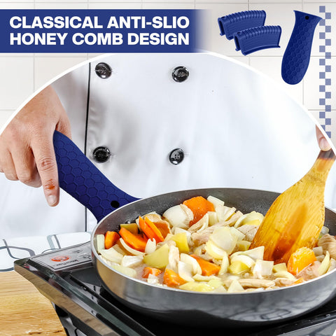 Patelai navy silicone hot handle holder set in use on cookware
