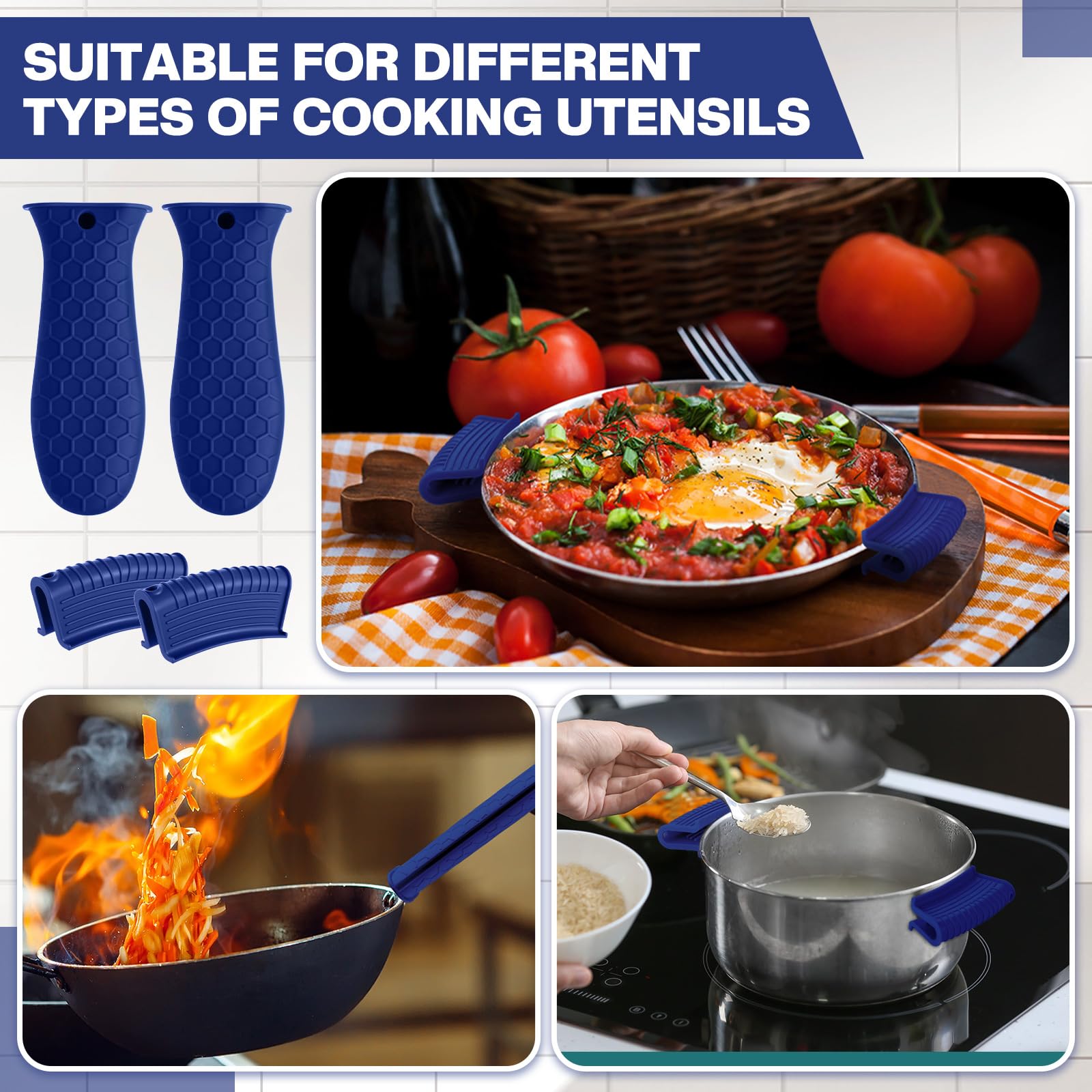 Patelai silicone pot handle sleeve in navy on a cast iron pan in use