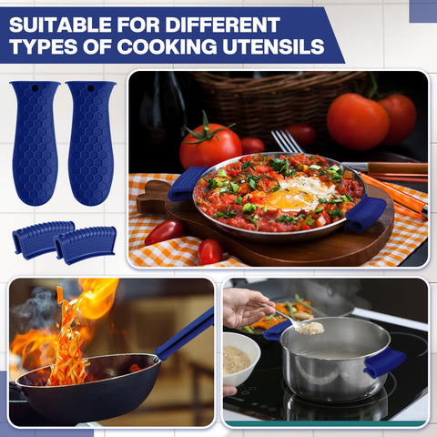 Patelai silicone pot handle sleeve in navy on a cast iron pan in use