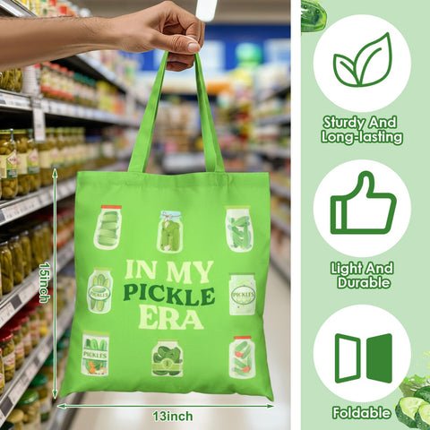 Paterr pickle tote bags sized 13 by 15 inches for spacious carry.