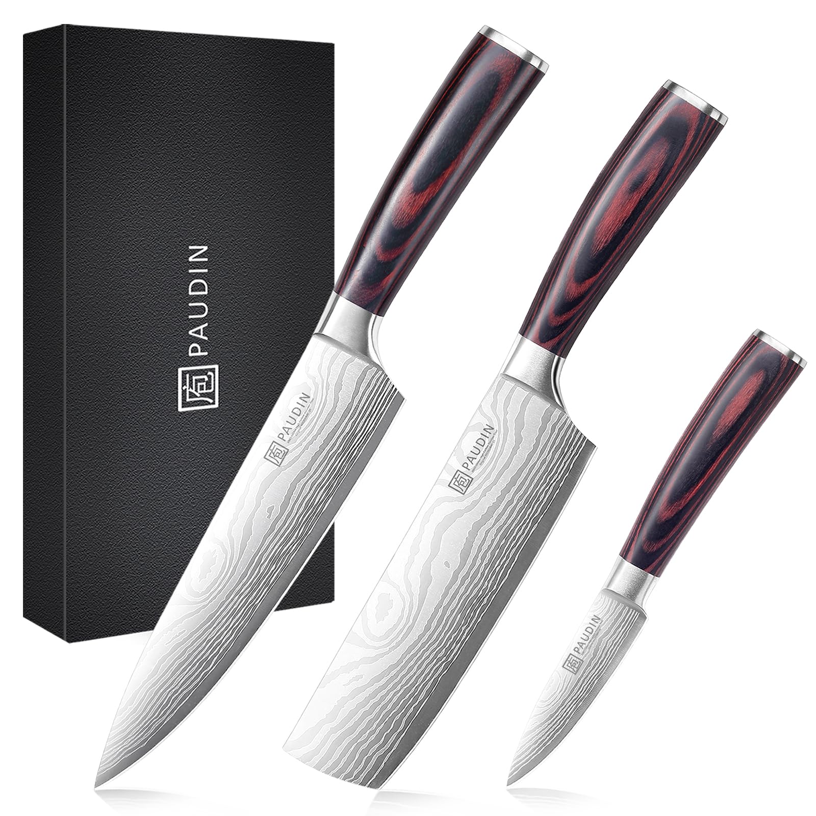 PAUDIN 3-piece knife set main shot showing versatility in kitchen tasks and clean lines