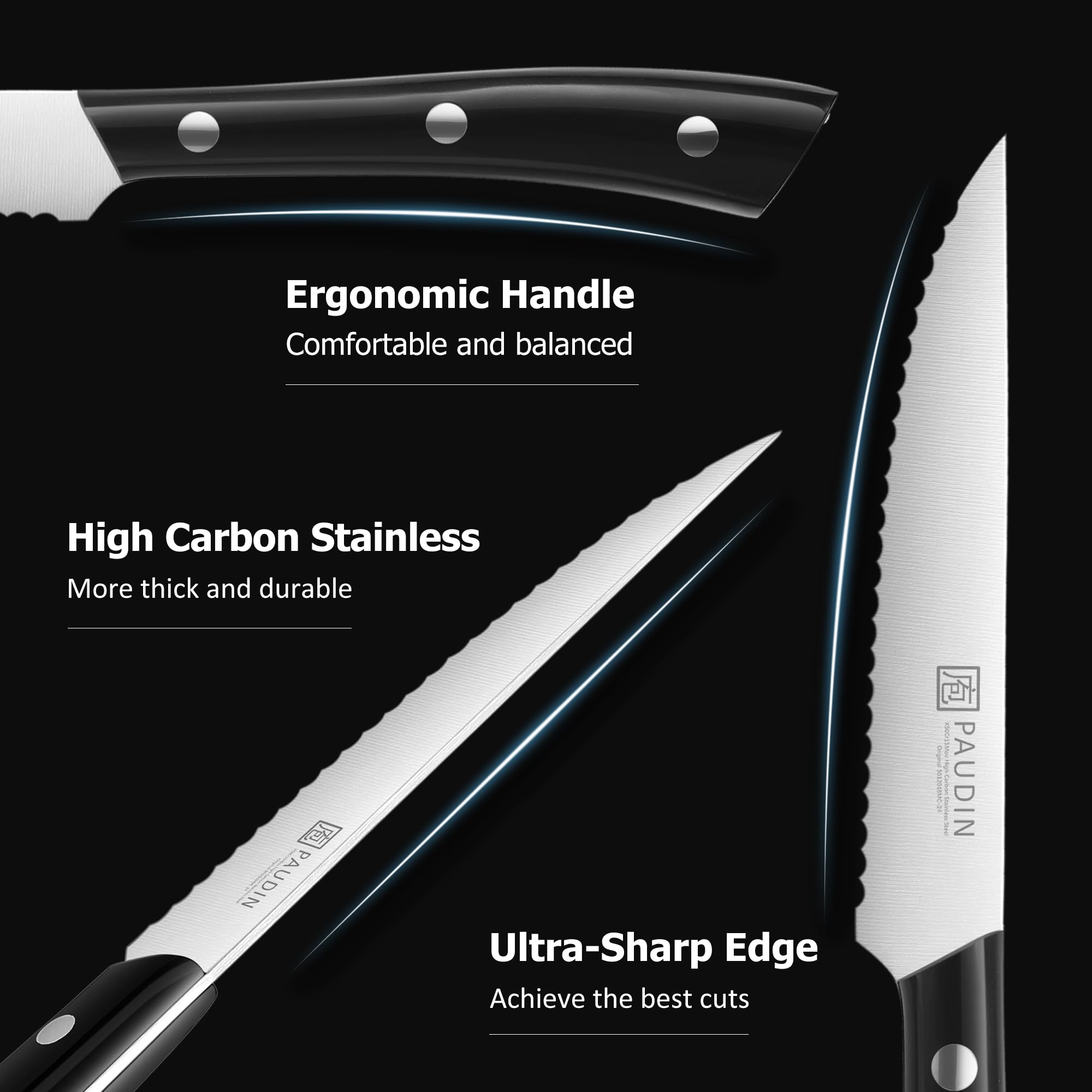 Close-up of PAUDIN 4.5-inch serrated blade for clean cuts